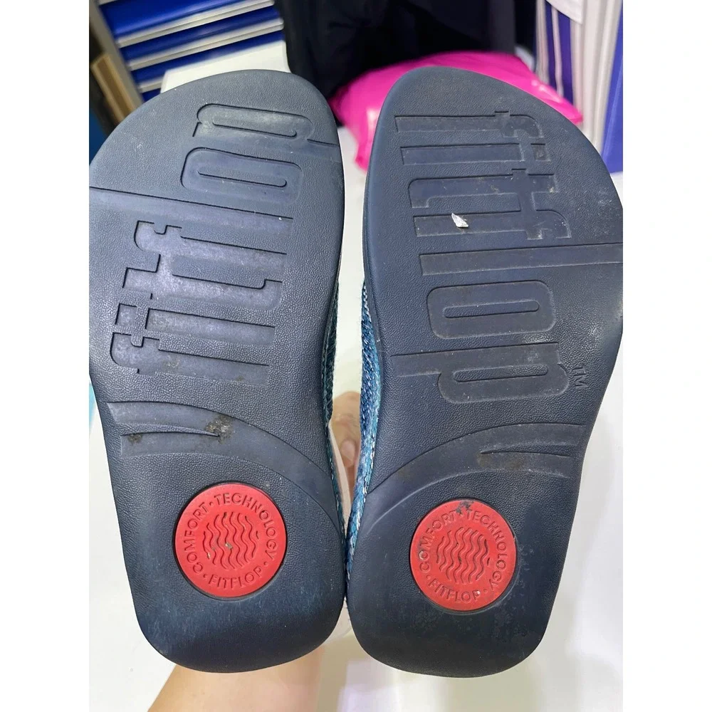 FitFlop Surfa Navy Teal Striped Webbing Sandals Womens 5 H84-641